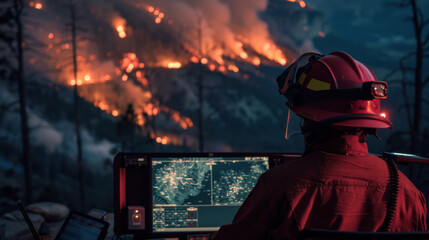 Firefighter in protective gear uses advanced tools to track and manage a large wildfire affecting a wooded area during nighttime
