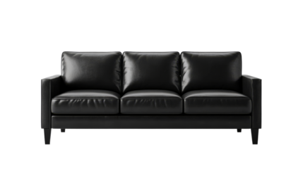 Elegant black leather sofa, isolated, transparent background, cut out transparent