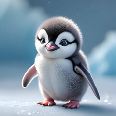 Naklejka premium Fluffy Baby Penguin Perched on Snowy Surface with Big Curious Eyes and Splayed Flippers