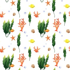 Obraz premium Seamless pattern with corals, starfish, seaweed, watercolor illustration on an isolated white background. For textile, fabric, design, card, poster