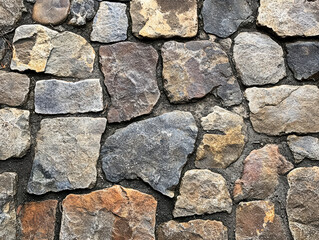 Fototapeta premium Textured surface of stone pathway, featuring various shapes and colors of stones, creating rustic and natural appearance that evokes sense of durability and timelessness
