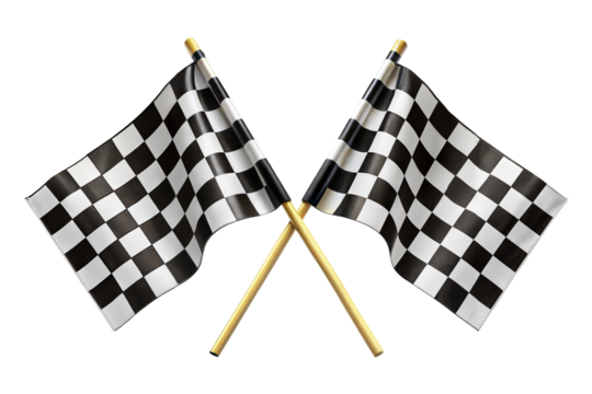 Two crossed checkered racing flag isolated on transparent background.