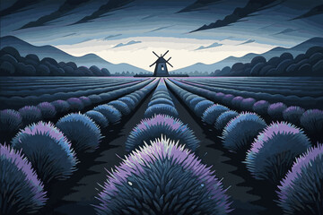 Obraz premium Serene scenic landscapes featuring natural beauty and peaceful scenery in vector and EPS formats. Lavender Field with Mountain and Windmill at Dusk