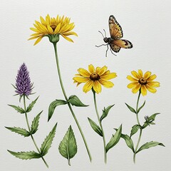 Watercolor illustrations of wild flowers and insect on white background