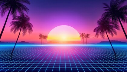 retro 80s synthwave neon sunset with palm tree silhouette, futuristic grid landscape, vibrant cyberpunk aesthetic for design