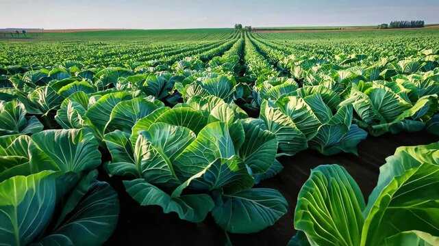 Extensive cabbage crops stretch across the farmland, showcasing vibrant green leaves under the bright sun in a tranquil rural setting.
