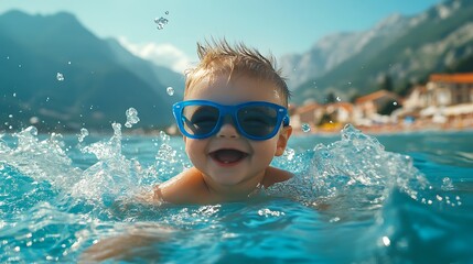 Naklejka premium Smiling child splashing in water pictures