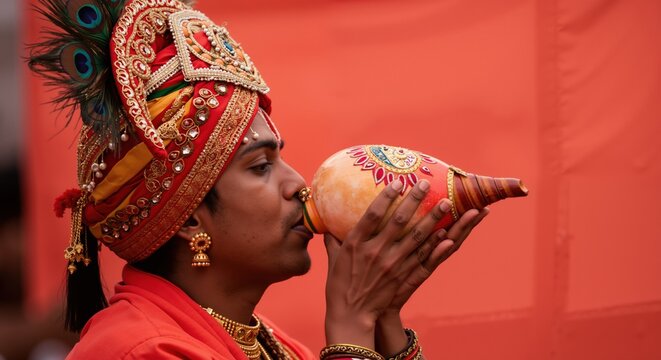 Man in traditional ceremonial attire blowing conch shell against red background. Cultural ritual performance. Religious ceremony, spiritual tradition. Festival celebration, heritage preservation.