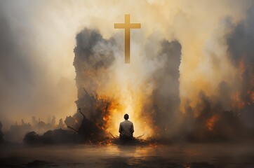 Man Praying Under Golden Cross Amidst Fire and Smoke Background