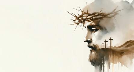 Jesus Christ with Crown of Thorns Watercolor Illustration Depiction
