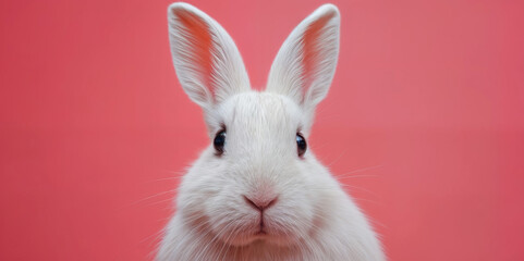 Obraz premium A close-up of a white rabbit with soft, fluffy fur, large pink ears, and dark shiny eyes. The pastel pink background enhances the gentle, charming appeal of the composition