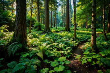 Naklejka premium A serene forest scene with green ferns and vibrant plant life surrounding a winding dirt path 