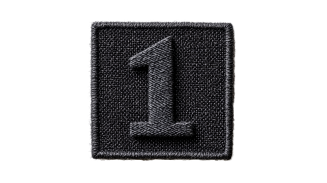 Embroidered textile number 1, dark textured one symbol, cut out transparent