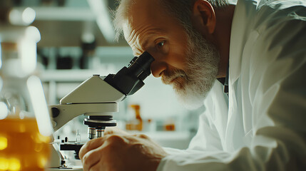 A focused scientist in a lab coat peers through a microscope, conducting research in a modern laboratory setting.