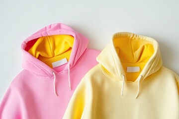Two pastel hoodies, one pink, one yellow