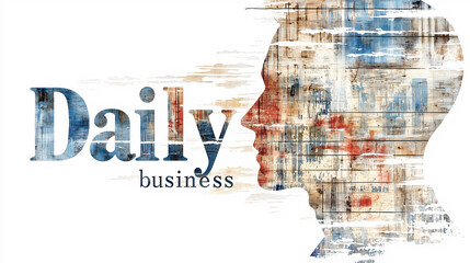 Fototapeta premium Abstract concept of daily business featuring textured typography and a human head silhouette with a distressed, layered effect on a white background.