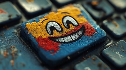 Happy Emoji on Grungy Keyboard Digital Joy.