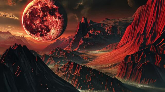 A massive red moon casts an eerie glow over jagged mountain peaks, creating a surreal landscape filled with shadows and stark contrasts in an extraterrestrial setting.