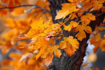 Vibrant autumn leaves create a picturesque display on a tree trunk in a tranquil woodland setting