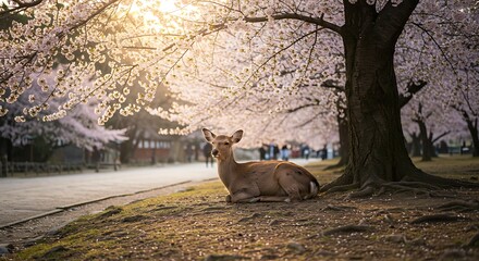 Peaceful deer resting under blossoming cherry trees in Nara Park Japan serenity