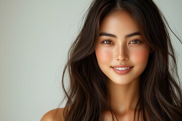 Fototapeta premium Young beautiful woman with long, shiny, dark hair, clean, smooth skin smiles. Brunette female with perfect face, healthy look, in studio. Beauty, wellness, spa, fashion and hair care concept