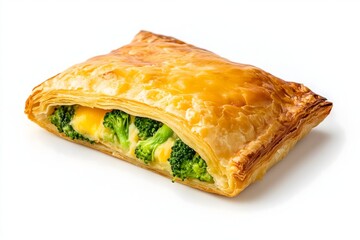 A flaky puff pastry with a melted cheddar cheese and broccoli filling isolated on a white background