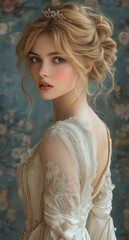 Portrait of a young woman dressed in elegant eighteenth century Victorian gown, showcasing graceful historical fashion, sophisticated hairstyle and timeless classical charm of noble era