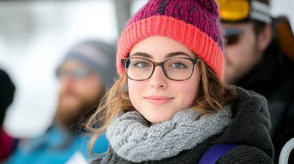 Young Woman with Curly Hair Wearing Glasses and Colorful Beanie in Winter Snowy Landscape