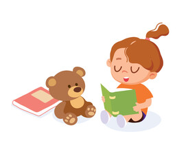Girl sits on the floor, reading  interesting book to her teddy bear as she learns to read.Girl is reading a book  interesting book while sitting on the floor