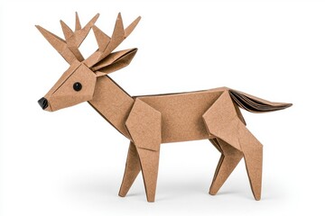Brown Origami Deer on White Background