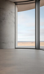 Fototapeta premium Modern interior with large windows showcasing serene outdoor landscape during daytime