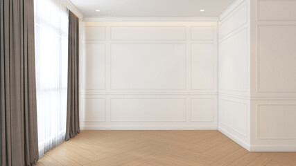 Modern minimalist empty room with white wall and wood floor. 3D Rendering
