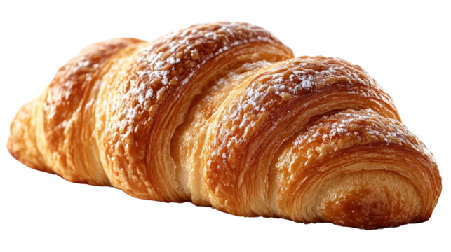 Golden Croissant: A close-up shot showcases a freshly baked, golden-brown croissant, its flaky layers dusted with a delicate veil of powdered sugar, a visual symphony of flavor and texture.