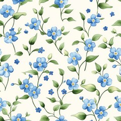 Seamless Floral Pattern Featuring Delicate Blue Flowers and Green Leaves on Light Background