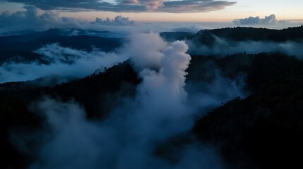 Fototapeta premium Misty Mountain Sunrise Aerial View of Cloud Sea.