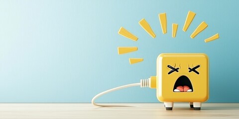 Fototapeta premium peak energy demand concept. Angry yellow power adapter with expressive features on a blue background.
