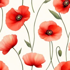 Obraz premium Seamless Floral Pattern Featuring Vibrant Red Poppy Flowers with Delicate Green Leaves on a Soft Cream Background