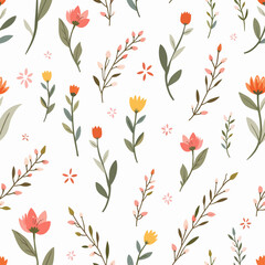 Seamless floral pattern,  Hand drawn Flowers and branches in Scandinavian style. Cute Spring summer plants botanical Background