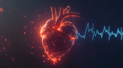 A vibrant, glowing human heart with an EKG line, symbolizing health and vitality in a futuristic setting.