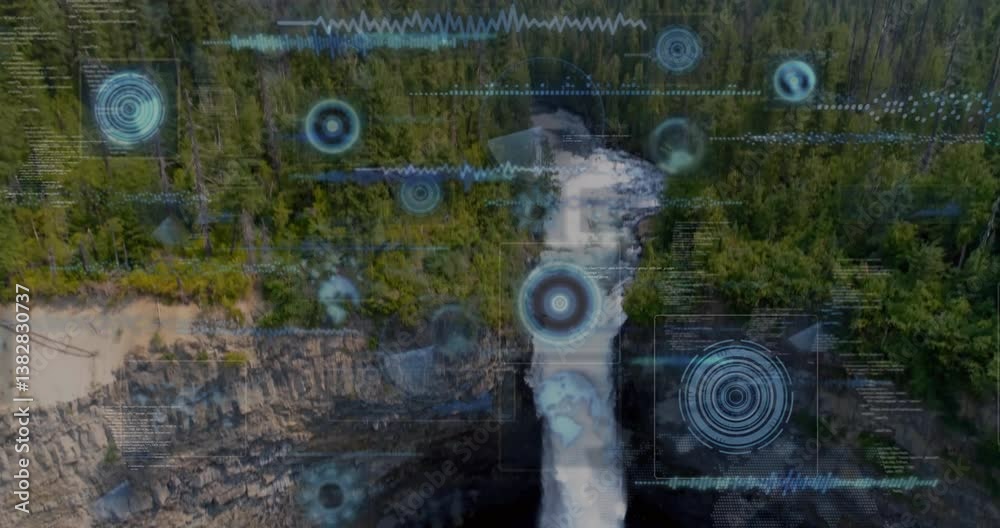 Poster digital data processing animation overlay on forest waterfall scene