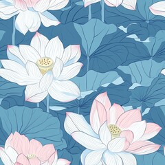 Seamless Pattern of Delicate Pink and White Lotus Flowers on Tranquil Blue Background with Leafy Accents