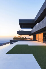 Fototapeta premium Modern architectural design in elevated location during sunset with balcony and outdoor area