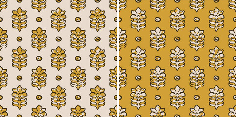 Traditional Muslin Kalamkari Textured Yellow Floral Repeat Vector Pattern