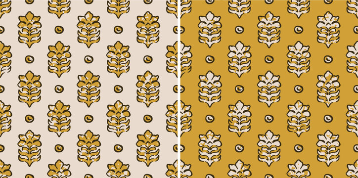 Traditional Muslin Kalamkari Textured Yellow Floral Repeat Vector Pattern