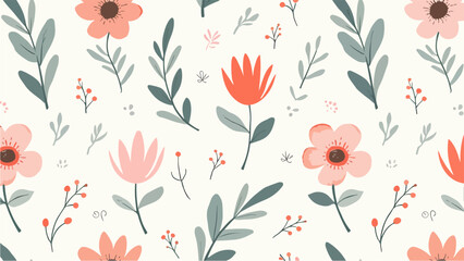 Seamless pattern with flowers, Floral colorful seamless Pattern. Hand drawn Flowers and branches in Scandinavian style