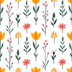 Seamless pattern with flowers, Floral colorful seamless Pattern. Hand drawn Flowers and branches in Scandinavian style