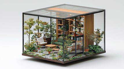 Glass cube indoor garden room, plants, furniture, books, relaxation
