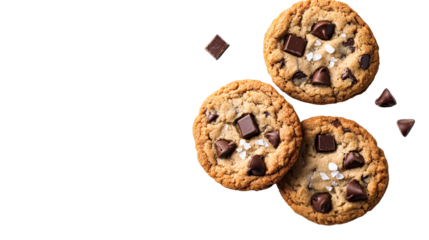 Chocolate chip cookies with salt on a black background, cut out transparent