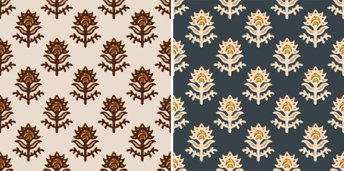 Retro Kalamkari Damask Motif Block Print Repeat Vector Pattern