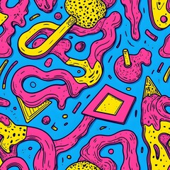 Retro 80s Seamless Pattern with Neon Geometric Shapes, Squiggles, Memphis-Style Elements, and Vibrant Colors

